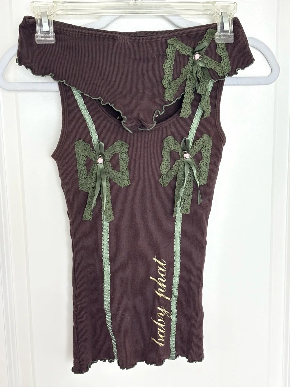 Vintage Y2K Baby Phat Lace Pajama Set Brown Green Small 2 Piece Set Ribbed Cami